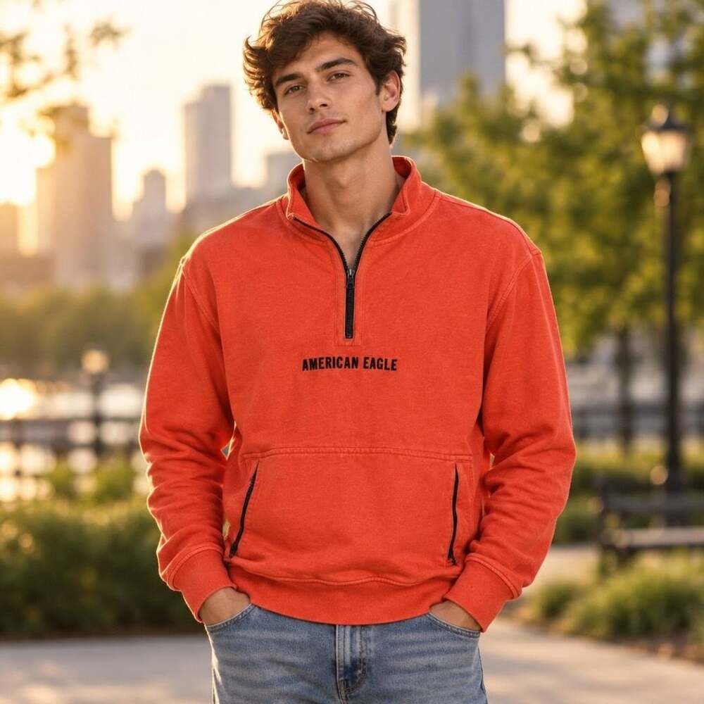 American Eagle 1/4 Zip Sweatshirt Size XXL Orange Pullover Pockets